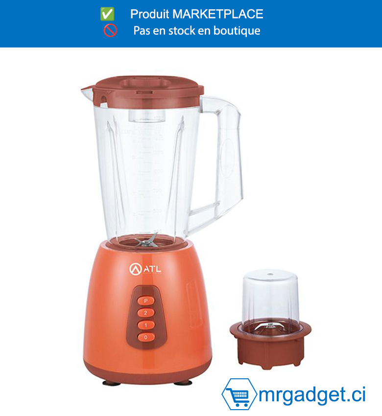 ATL-ATL-BL2076T-Mixeur - ATL-BL2076T - 1,5L - 350W - Recipient En Plastique Resistant - Avec Broyeur - 2 Vitesses + Pulse - Lames En Inox  - Orange