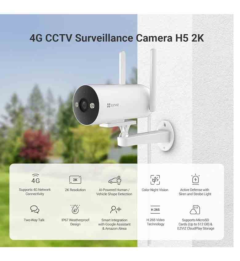 EZVIZ H5 4G (No Batterie) - 3MP - 4mm  (No Batterie) Caméra de sécurité intelligente extérieure, 3 MP, vision nocturne couleur 2K, conversation bidirectionnelle,