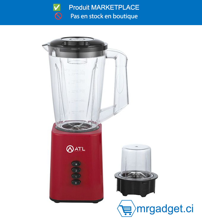 ATL-ATL-BL2082R-MIXEUR ATL 1,5L / 350W / RECIPIENT EN PLASTIQUE RESISTANT / AVEC BROYEUR / 2 VITESSES + PULSE/ LAMES EN INOX / ROUGE (6PCS/CRT)