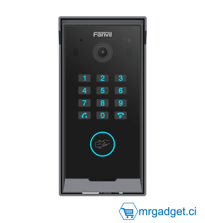 Fanvil i60K, visiophone et interphone vidéo IP pour grand bâtiment avec clavier numérique et lecteur de carte rétroéclairé, noir, Supporte plus de 1000 postes de téléphones et/ou moniteurs