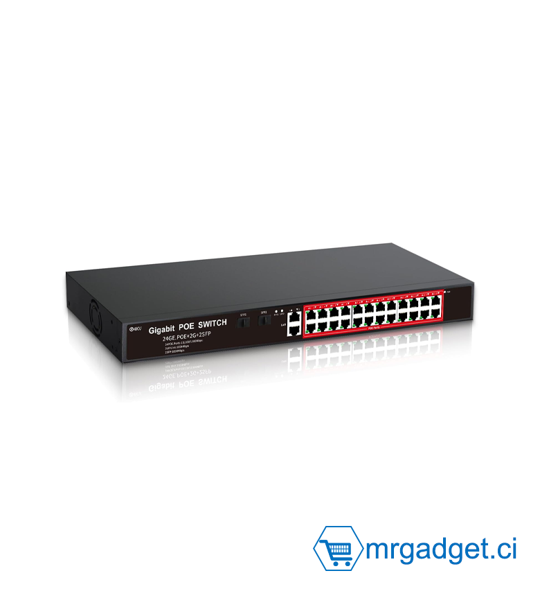 Switch PoE - Switch Commutateur PoE+ 24 Ports Gigabit POE424G - 24x PoE 10/100/1000Mbps + 2 Uplink Gigabit + 2 SFP - Puissance 360W - 19" - Idéal pour Caméras IP, Bornes Wi-Fi & Téléphonie IP - Switch Réseau Haute Performance Professionnel