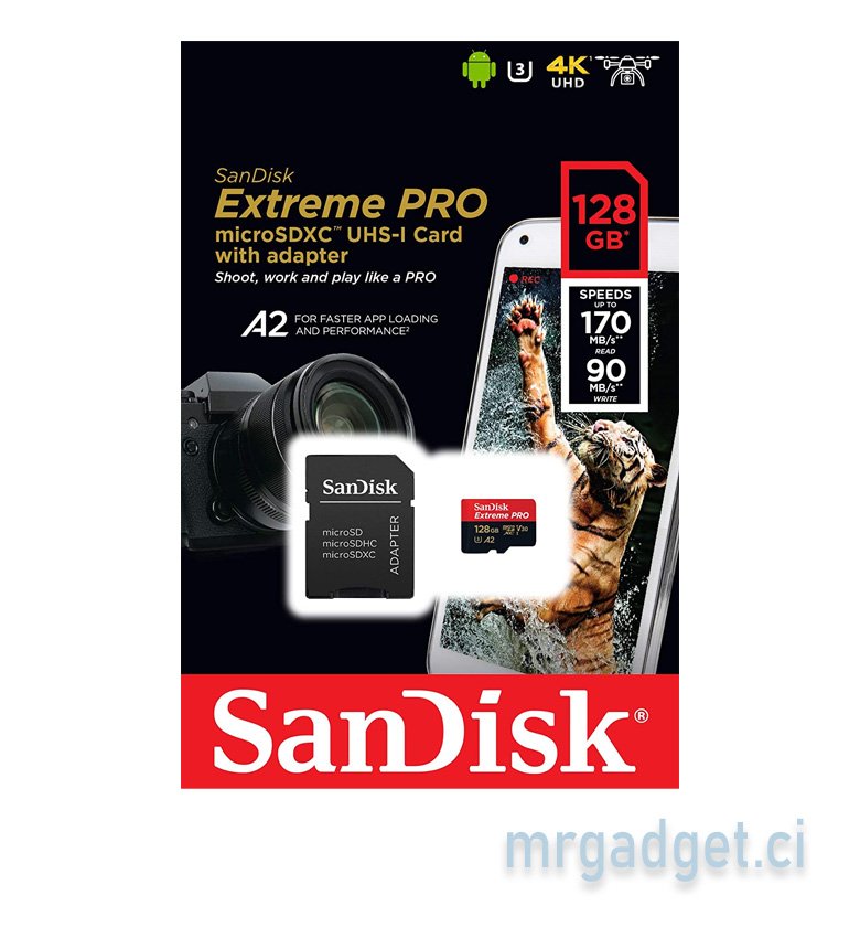SanDisk Extreme PRO Carte Mémoire microSDXC 128 Go + Adaptateur SD avec Performances Applicatives A2 Jusqu'à 170 Mo/s, Classe 10, U3, V30