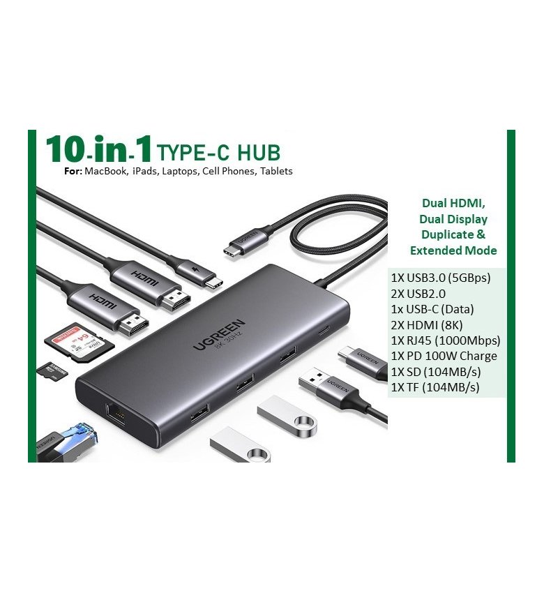 HUB 10 en 1 -  Adaptateur USB-C (Type C) vers USB 2.0 x 2, USB 3.0 x 1, USB-C x 1, USB-C Charge 100W, HDMI 1 8K 30Hz, HDMI 2 4K 60hz, Lecteur SD / Micro SD, RJ45 Gigabit - Repartiteur , Switch HDMI Dock station UGREEN CM639 15534 #10156 -