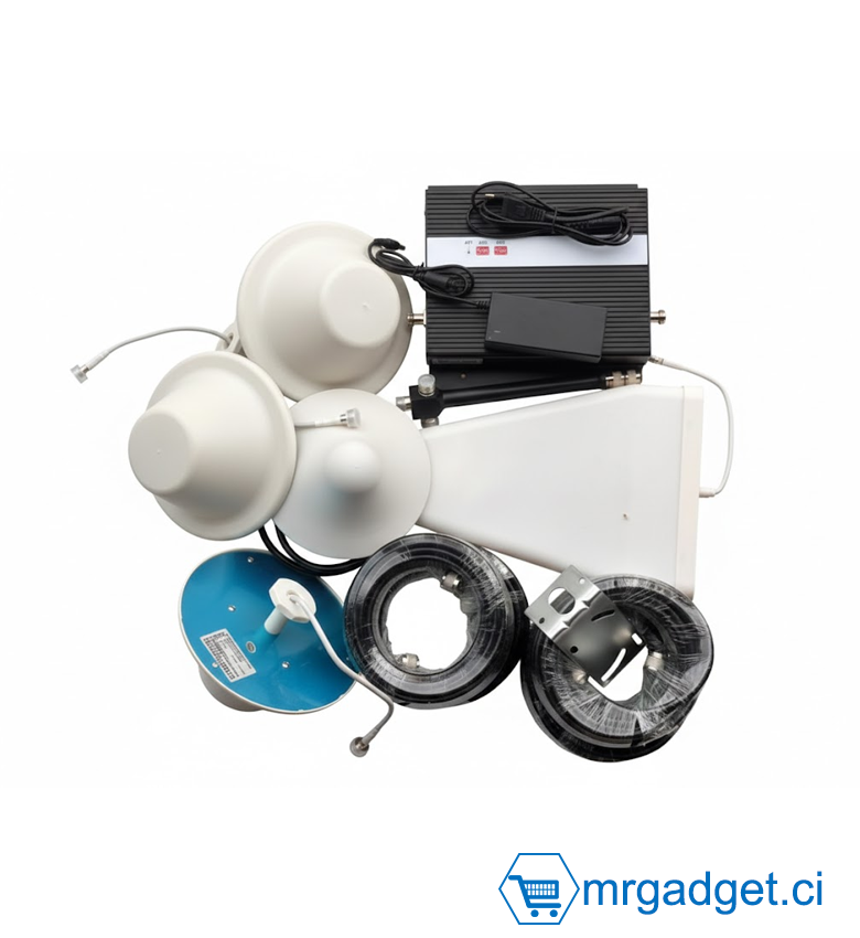 Répéteur - Amplificateur de signal GSM - Tri-Band 2G(900MHz) 4G(1800MHz) 3G(2100MHz) - Amplificateur réseau avec  4 émetteurs - Cable 15m .