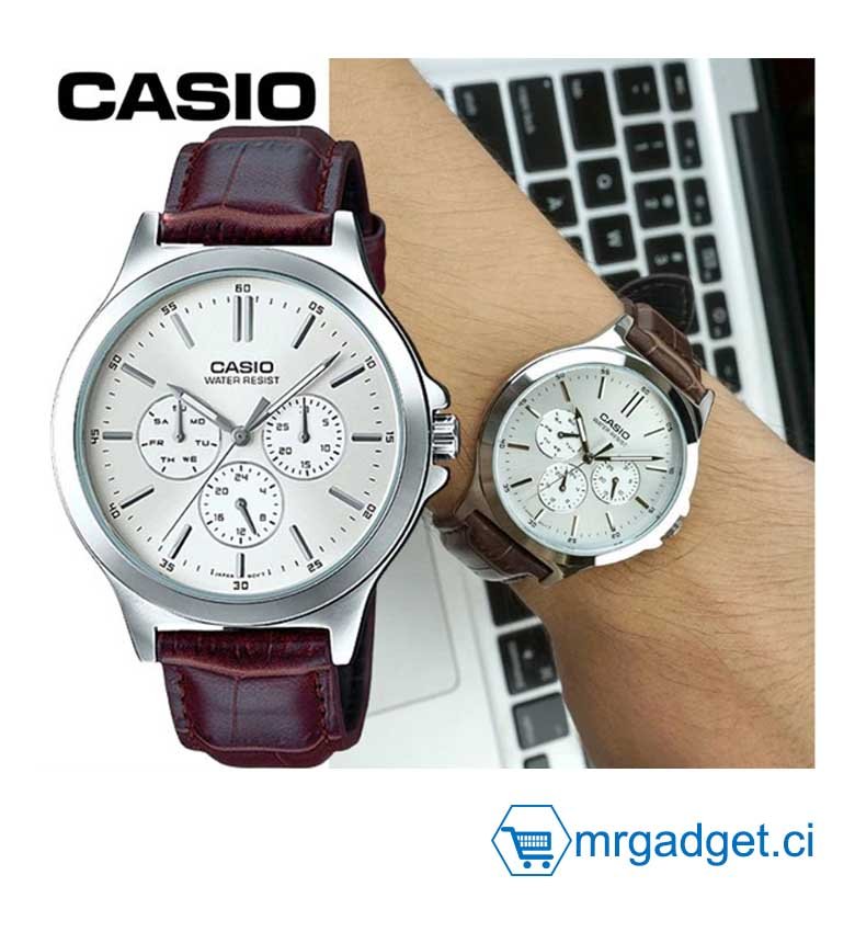 Montre Homme Casio - MTP-V300L-7AUDF - Affichage analogique avec indicateur jour, date et 24 heures - Cadran en Acier inoxydable - Bracelet en cuir véritable - Résistant à l'eau #CH16
