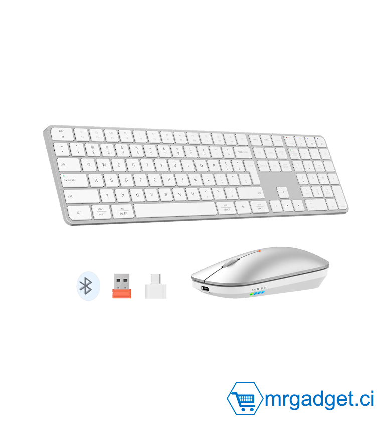 Meetion C230MW Combo Clavier et souris ultra fin - Sans fil  double connectivité  (Dongle USB 2.4 Ghz et Bluetooth) - Blanc - AZERTY