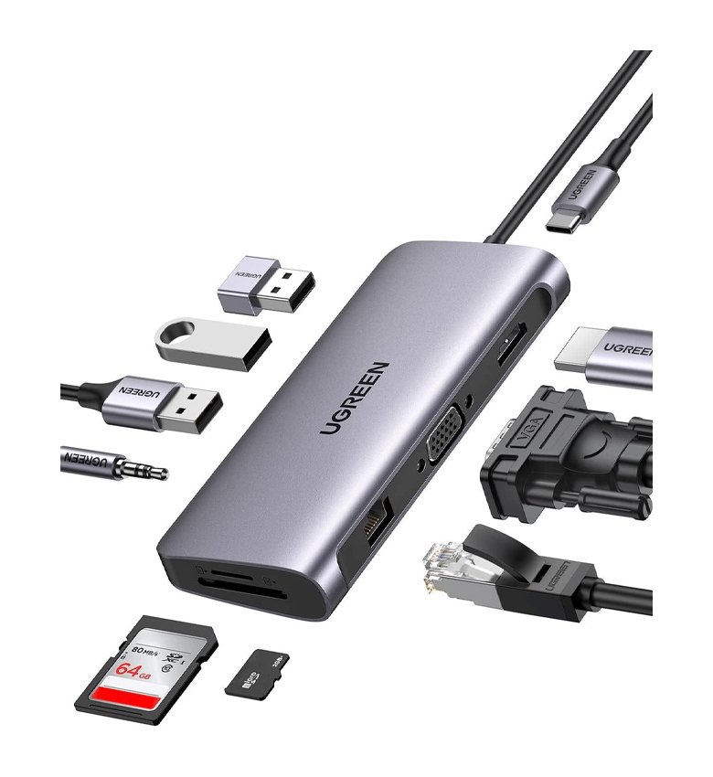 HUB 10 en 1 - Adaptateur USB-C (Type C) vers HDMI 4K, VGA, RJ45 Gigabit, Port SD / Micro SD, 3 ports USB 3.0 , Port 3,5mm Jack UGREEN CM498 15601 #10154