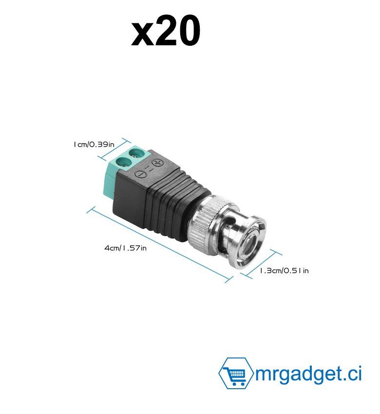 Lot de 20 adaptateurs BNC vers Cat5e BNC mâle vers connecteur sans soudure BNC vidéo Balun connecteur pour câble de surveillance CCTV haut-parleur Ethernet