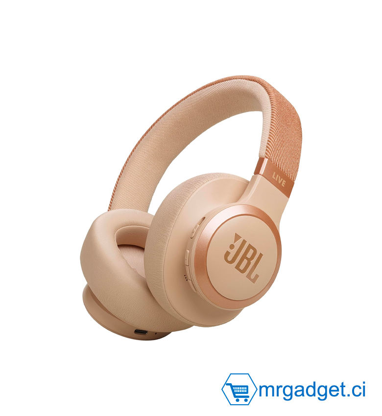 JBL Live 770NC Casque supra-auriculaire, Bluetooth 5.3, connexion multi-source, Réduction de Bruit Adaptative et Smart Ambient, jusqu'à 65 heures d'autonomie, Beige