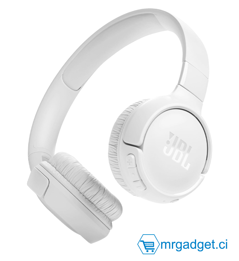 JBL Tune 520BT - Écouteurs supra-auriculaires sans fil, Autonomie de la batterie jusqu'à 57 heures et charge rapide, Conception légère, confortable et pliable, Appels mains libres avec Voice Aware (Blanc)