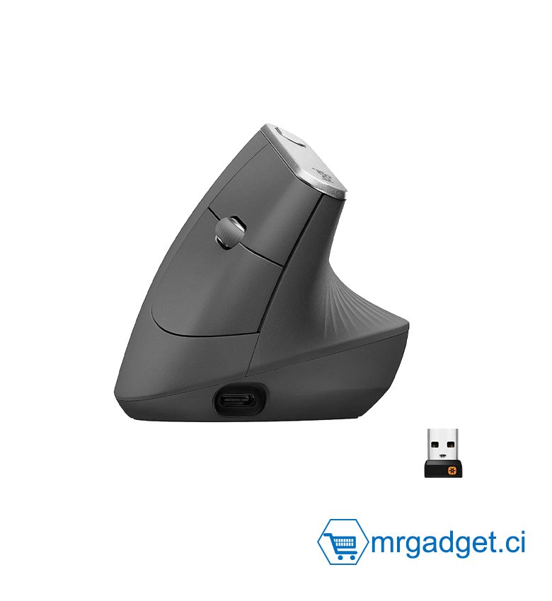 Logitech MX Vertical Souris sans Fil Ergonomique, Multi-Dispositifs, Bluetooth ou 2,4 GHz avec Récepteur USB Unifying, Suivi Optique 4000 PPP, 4 Boutons, Charge Rapide, Portable/PC/Mac/iPad OS - Gris