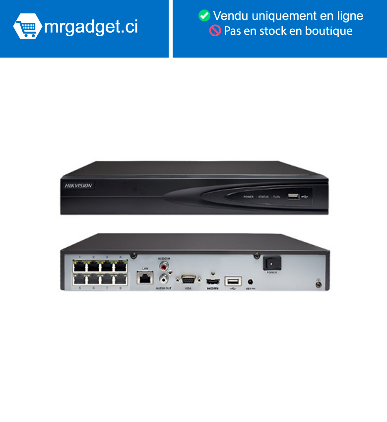 HIKVISIONDS-7608NI-Q1/8P(STD)(D) - NVR 8 canaux - 8 Ports PoE 4K - 1 interface HDMI & 1 VGA - 1 interface Disque dur SATA (8 To Max par disque)