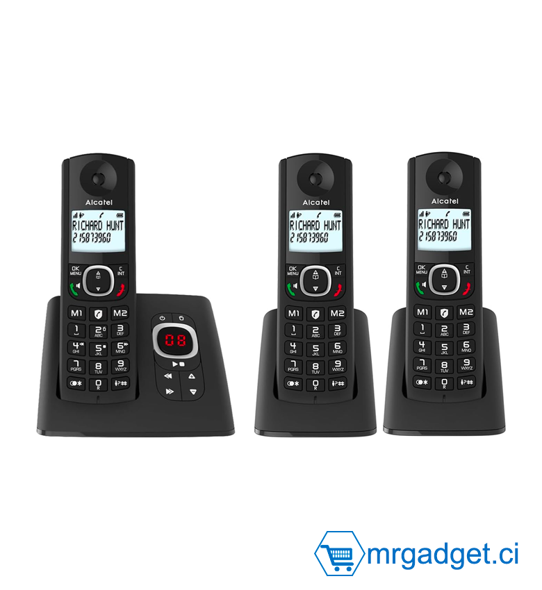 ALCATEL F530 Voice Trio - Téléphone Fixe Sans Fil DECT Avec Répondeur - Grand Écran Rétroéclairé - Haut-Parleur - Fonction Blocage Des Appels - 2 Touches De Mémoires Directes - 3 Combinés - Noir - Fonctionne avec la Fibre