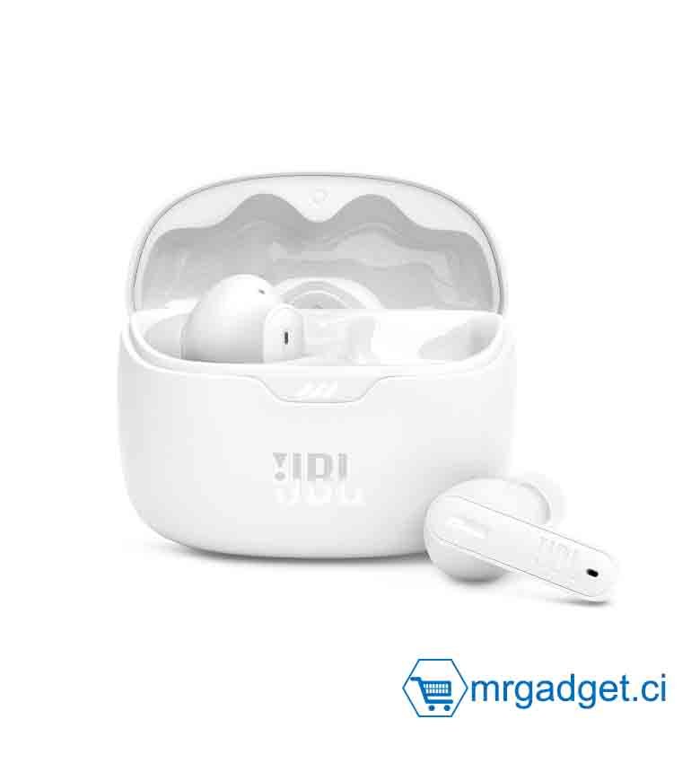 JBL Tune Beam, Écouteurs sans fil avec Réduction de Bruit, Bluetooth 5.3, autonomie jusqu'à 48 h, charge rapide, Audio JBL Pure Bass, blancs