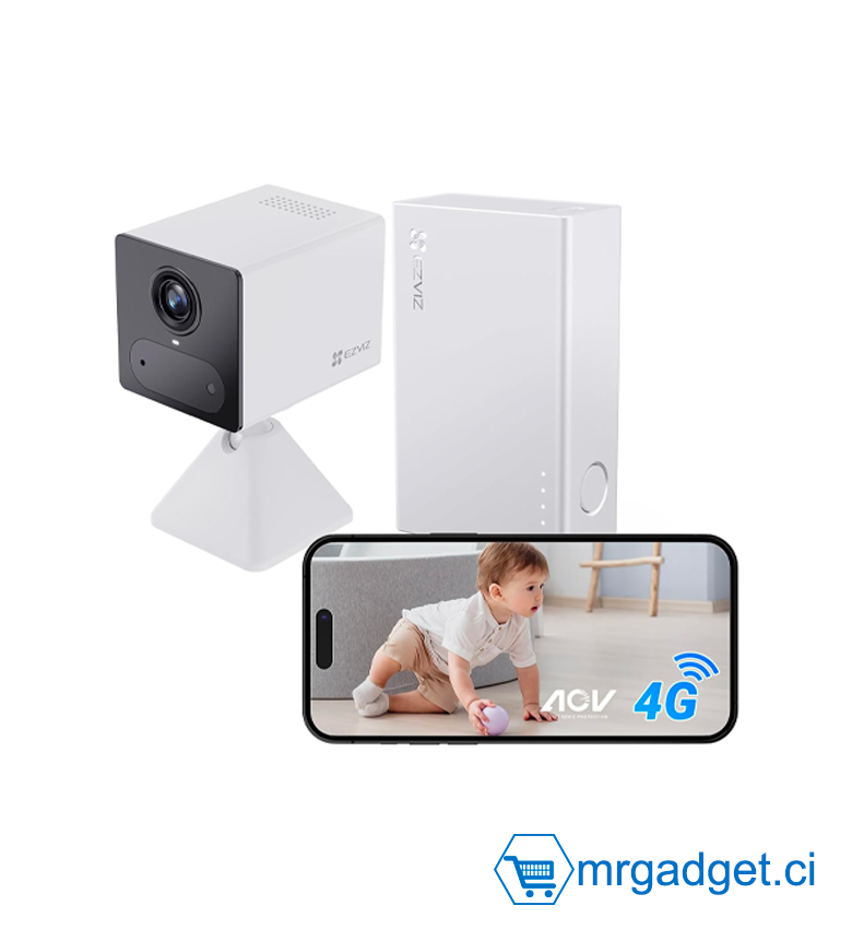EZVIZ 2K 4G Caméra intérieure sans Fil +Batterie Externe, Mode AOV, Détection de Personne, Carte SD jusqu'à 512 Go (non incluse), Vidéo Time-lapse, Audio Bidirectionnel, design compacte, CB2 Kit Blanc