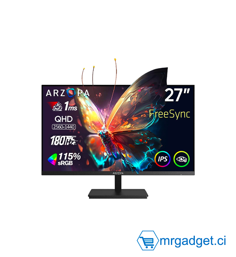 ARZOPA Écran PC Gaming 27 Pouces 180Hz - 2K QHD 2560x1440 Ecran PC Gamer 1ms IPS 115% sRGB Eye Care, Compatible G-Sync, FreeSync, VESA Montable avec Mural, DisplayPort1.4, HDMI 2.0, Type-C