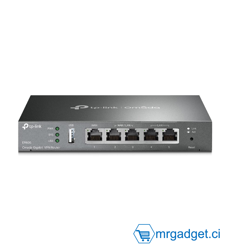 Routeur VPN Multi-WAN Gigabit TP-Link Omada ER605 - Intégration Cloud SDN - Jusqu'à 3 Ports WAN + 1 USB pour Modem 4G/5G - VPN Haute Sécurité (IPsec/PPTP/L2TP) - Pare-feu Puissant - Idéal TPE, PME et Télétravail - Performance & Fiabilité
