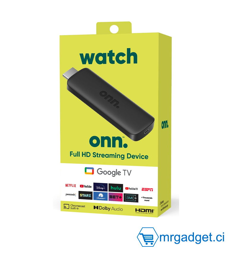 onn. Android TV Streaming Stick  2K FHD Noir (nouvelle version) - Région USA - déjà activé