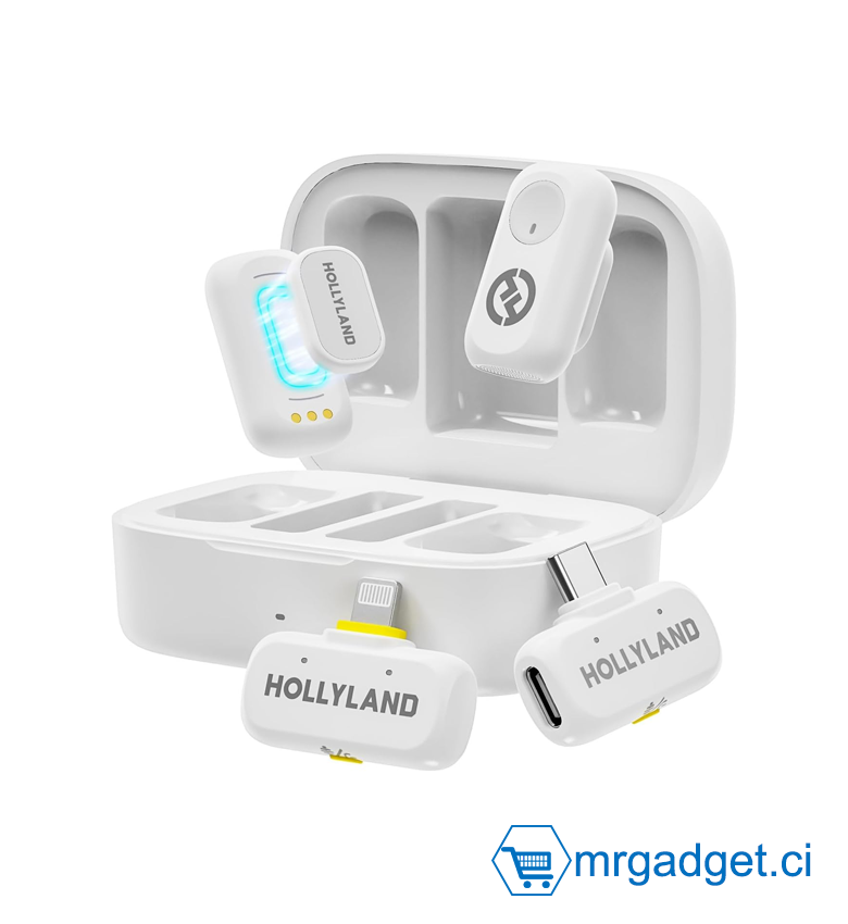Hollyland Lark A1 Combo micro-cravate sans fil pour iPhone et Android, 48 kHz/24 bits, réduction intelligente du bruit 3 niveaux, micro pour YouTube, podcast et vidéo (Blanc, 2TX+2RX+étui de recharge)