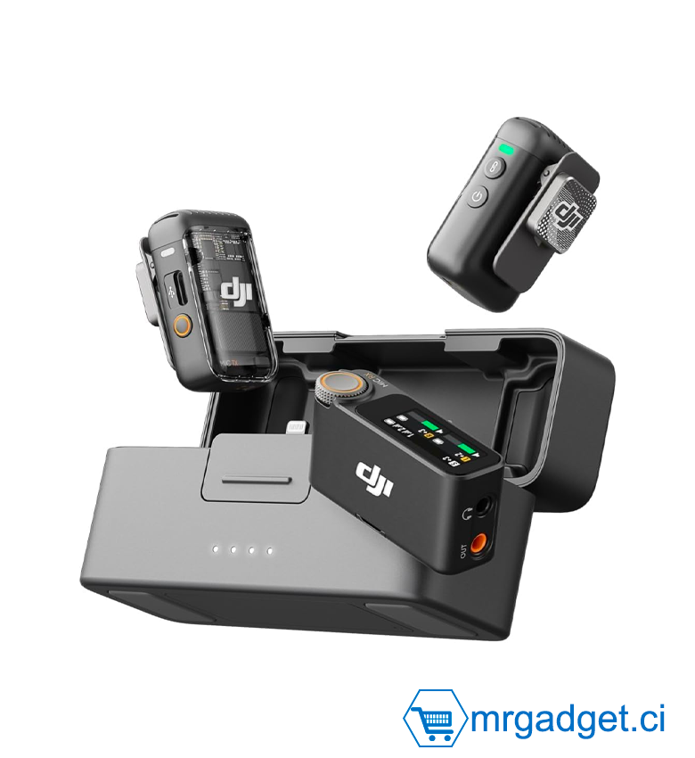 DJI Mic 2 (2 TX + 1 RX + étui de chargement), microphone sans fil tout-en-un, réduction intelligente du bruit, pour iPhone, Android, appareil photo avec 2 micros-cravates à condensateur omnidirectionnels Turnstile