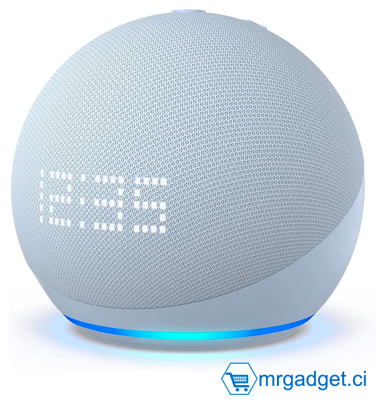 Echo Dot (5e génération, modèle 2022) avec horloge | Enceinte Bluetooth connectée avec horloge et Alexa  : Bleu-gris