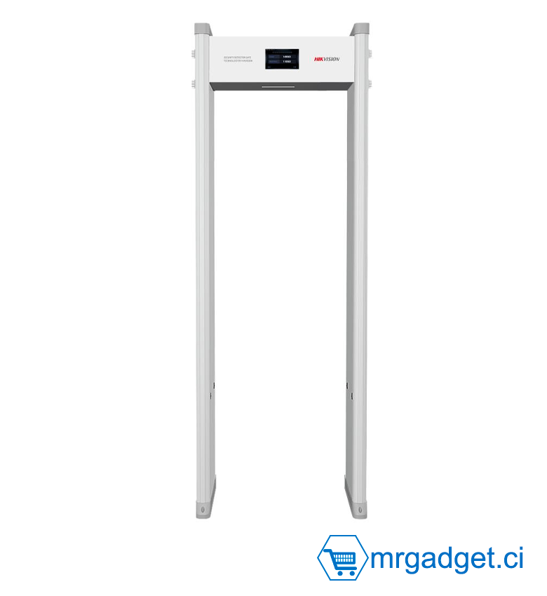 Hikvision ISD-SMG1118L (O-STD)  Portique de détection de métaux haute précision. 18 zones de détection, écran LCD 7", comptage des passages et alarmes d'objets volants. Sensibilité réglable (pièce de monnaie). Idéal pour aéroports et banques.