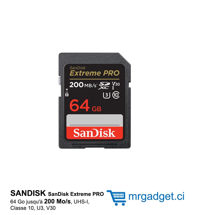 SANDISK - Carte mémoire SDXC SanDisk Extreme PRO 64 Go jusqu'à 200 Mo/s, UHS-I, Classe 10, U3, V30