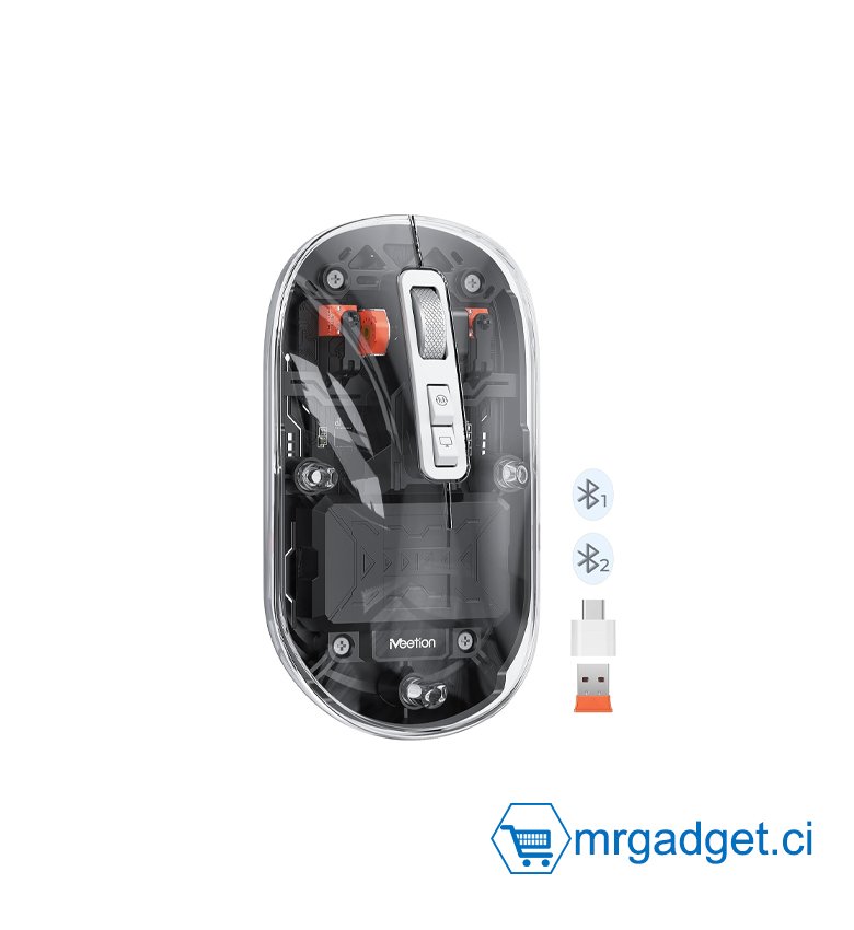 Souris sans fil MEETION BTM005  Noir , souris Bluetooth rechargeable, double mode (2,4 G + BT5.1), souris fine transparente avec clic silencieux, 4 DPI réglables, souris portable pour PC, ordinateur portable, ordinateur, Mac Book/iPad pro,