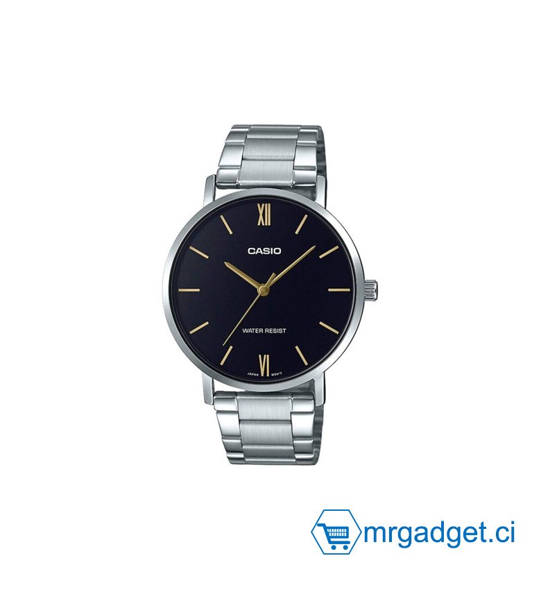 MONTRE CASIO HOMME – BRACELET GRIS EN ACIER INOXYDABLE – RÉSISTANTE À L’EAU – MTP-VT01D-1BUDF