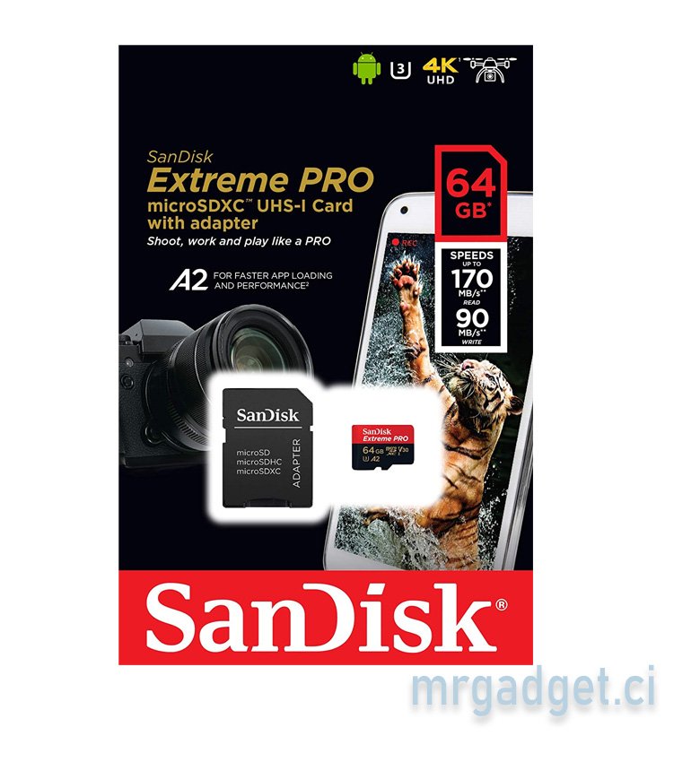 SanDisk Extreme PRO 64 Go Carte Mémoire microSDXC + Adaptateur SD avec Performances Applicatives A2 jusqu'à 200 Mo/s, Classe 10, U3, V30