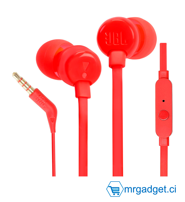 JBL TUNE 110 – Ecouteurs intra-auriculaires filaires – Son Pure Bass de JBL et bouton de contrôle – Connectivité : câble Jack 3,5 mm – Couleur : Rouge