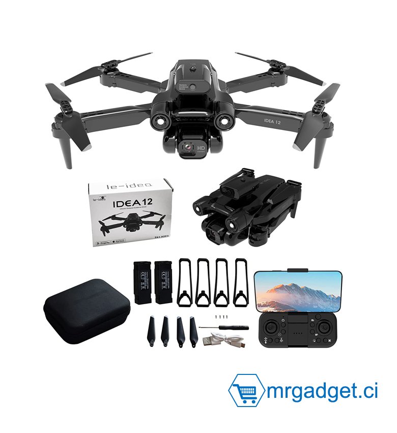 IDEA12 Drone avec Caméra Réglable 1080P, Drone FPV Pliable avec 2 Caméras, Positionnement du Flux Optique, Quadcopter RC avec évitement Actif des Obstacles à 360° Ddapté Aux Débutants, 2 Batteries