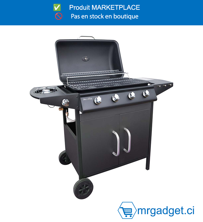 DECAKILA BARBECUE A GAZ  - KMGS006B -  4 brûleurs principaux : 11,6 kW Puissance thermique nominale du brûleur latéral : 2,3 kW Surface : 63 × 37 cm Hauteur : 82 cm Brûleur principal à allumage unique Brûleur latéral à allumage piézo Avec thermomètre