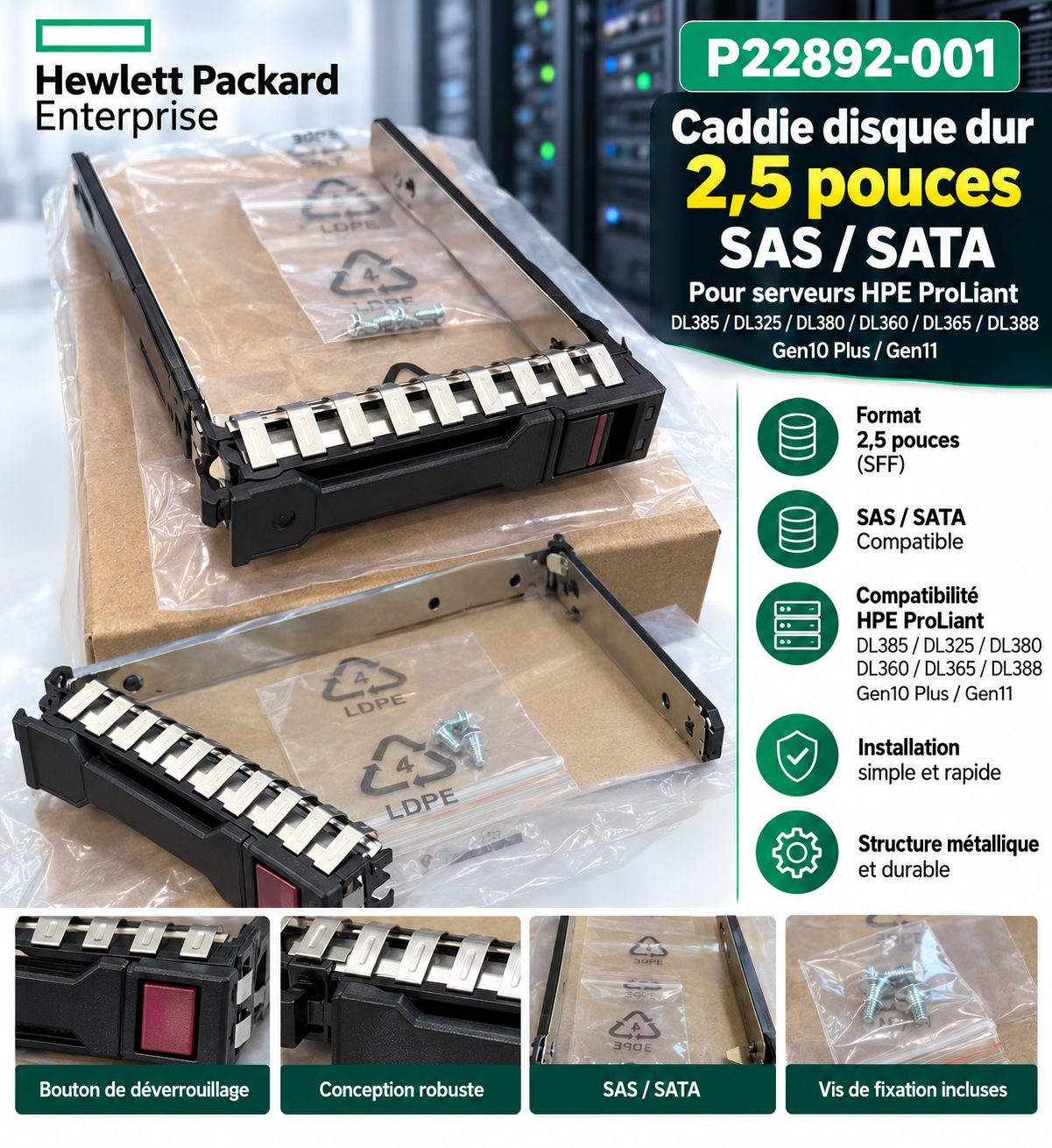 Caddie disque dur serveur HP HPE 2,5 pouces SATA/SAS – P22892-001 – ProLiant Gen10 Plus / Gen11