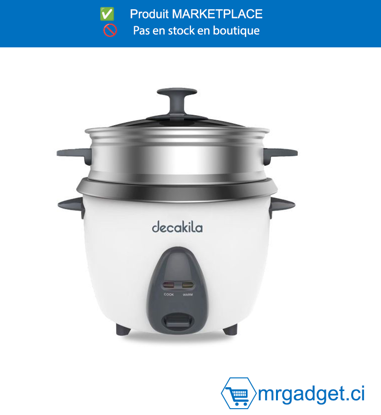 DECAKILA KEER034W CUISEUR DE RIZ  : 1,8L(10 tasses)  Tension : 220-240V 50-60Hz - 700W  Avec un revêtement antiadhésif d'un côté  Avec 1 cuillère  Avec 1 gobelet gradué  Avec 1 panier à vapeur en aluminium  Emballé dans une boîte de couleur