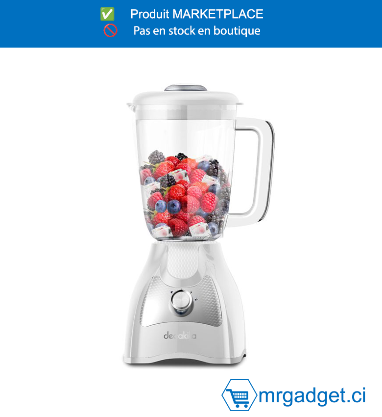 DECAKILA- KEJB043W-MIXEUR 1,5L/ 500W, ames en acier inoxydable  Commande à 2 vitesses avec moteur à fil de  cuivre à impulsion  Conception de pieds antidérapants Pichet en  plastique 1 pièces Emballé par boîte de couleur