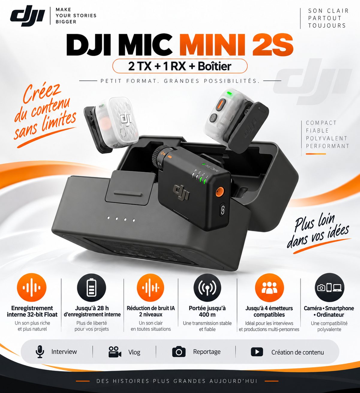 DJI Mic Mini 2S 2TX + 1RX avec Boîtier – Micro cravate Sans Fil 32-bit Float, Enregistrement Interne 28 h, IA, Portée 400 m