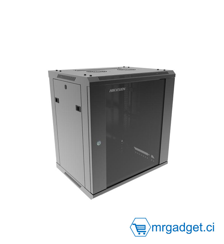 Hikvision DS-XS6412-S/B - Baie de Brassage 12U - Coffret Mural 19 Pouces - Dimensions 600x450x635mm - Porte en Verre Trempé avec Serrure - Idéal pour Équipements Réseau, Switchs et Enregistreurs de Vidéosurveillance