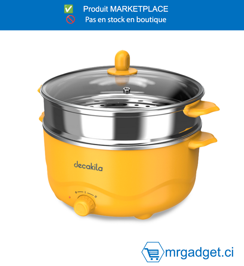 DECAKILA CUISEUR ELECTRIQUE -KEEC076Y - Capacité : 3 L Tension : 220-240 V 50-60 Hz  Puissance : 1 000 W Aucun revêtement  antiadhésif Contrôle de tir de 2ème vitesse  Poignée anti-brûlure Emballé par boîte de  couleur