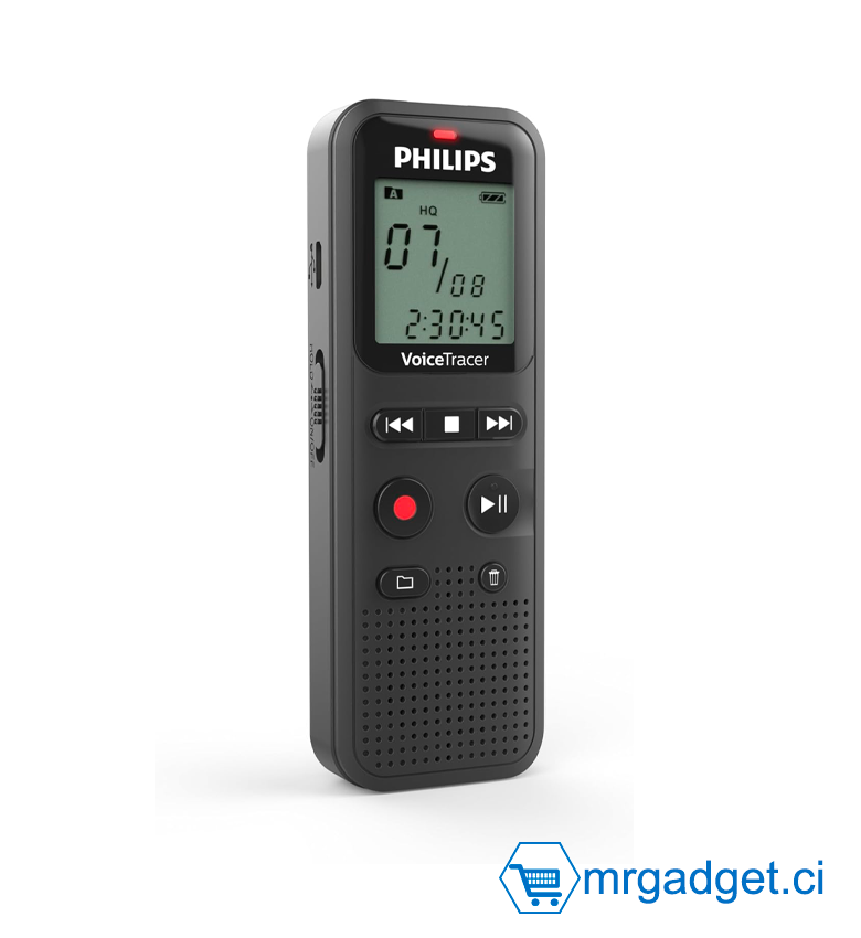 Philips DVT1160 - enregistreur Audio VoiceTracer / Dictaphone 8GB Stockage   - Mono ADPM/PCM, Une Touche pour l’Enregistrement, 8 Go, USB Connexion au PC  - Dictaphone