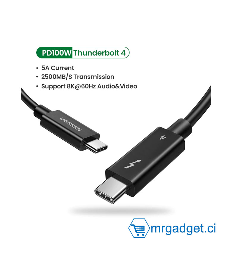 UGREEN Câble Thunderbolt 4 - USB-C vers USB-C, 40 Gbps, 100 W, Gen 3, 8K - 200 cm
