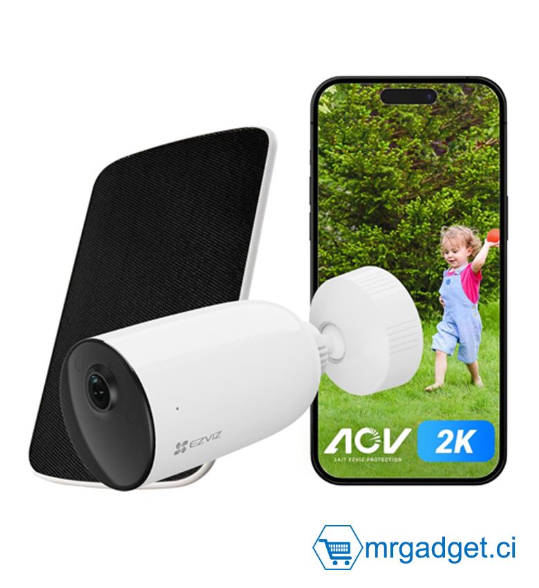 EZVIZ 2K Caméra Surveillance WiFi Extérieure sans Fil avec Panneau Solaire, AOV, Détection de Forme Humain/Véhicule, Vision Nocturne Couleur, Audio Bidirectionnel, Défense Active, IP66, CB3 Kit