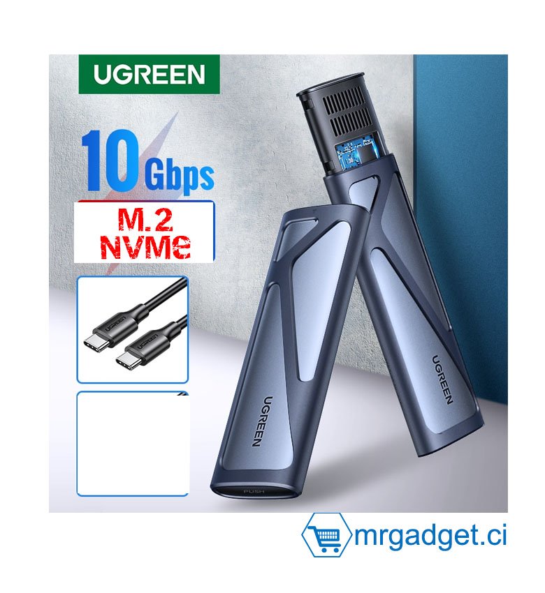 UGREEN M.2 NVMe Adaptateur de boîtier SSD, Aluminium 10 Gbps USB C 3.1 Gen 2 vers NVMe PCIe M-Key Solid State Drive Boîtier externe compatible avec MacBook Pro, WD, Samsung, Toshiba, 2230/2242/2260/2280   #10011 - Adaptateur