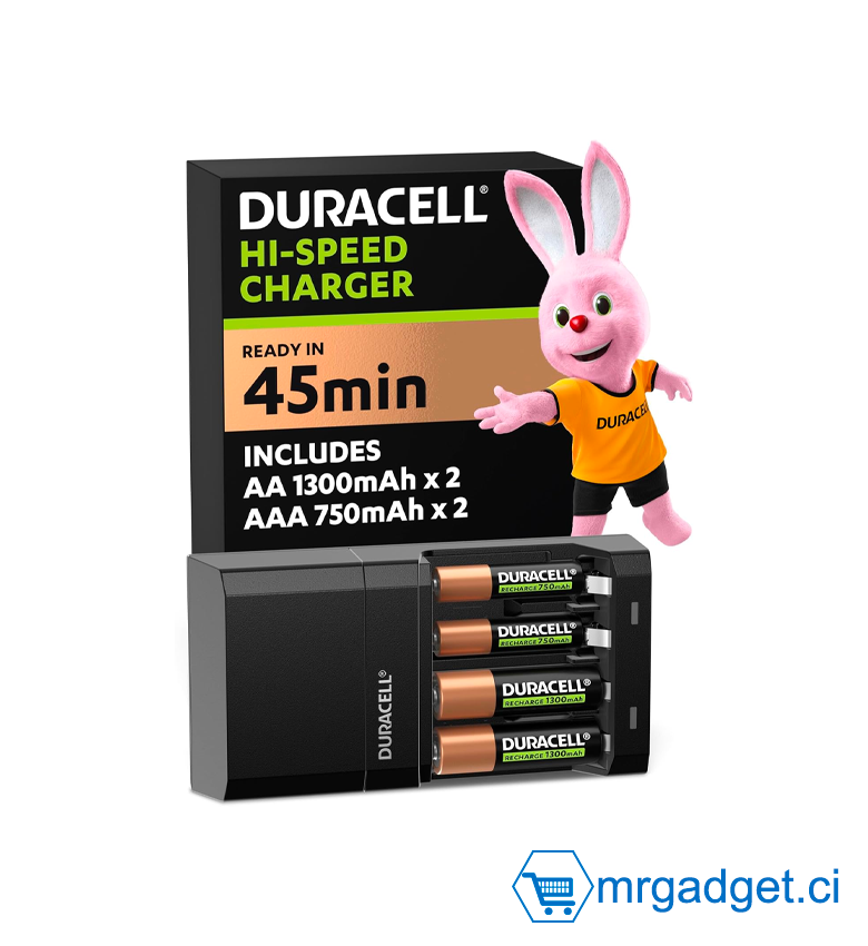 Lot de 4 Piles DURACELL (2 piles AA 1300 mAh & 2 piles AAA 750mAh ) Rechargeables avec chargeur rapide AA/AAA 45Min - CEF27GBL3
