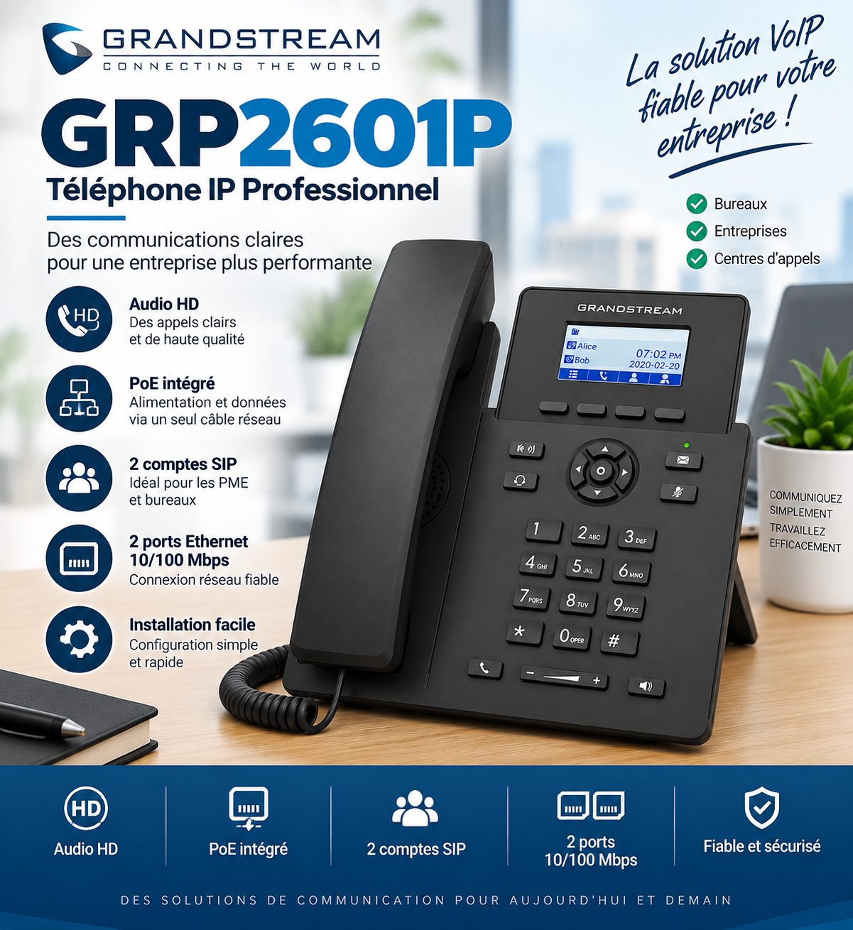 Téléphone IP VoIP Grandstream GRP2601P PoE – 2 Lignes, 4 Comptes SIP, Audio HD, Double Port Ethernet pour Entreprise