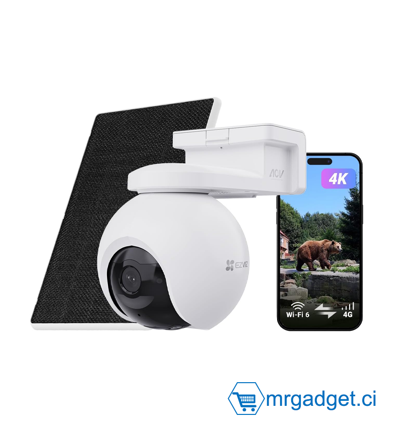 Caméra Solaire 4G & Wi-Fi EZVIZ EB8 4K (8MP) - 360° Pan/Tilt - Panneau Solaire Inclus - Batterie Haute Capacité - Vision Nocturne Couleur - IA Détection Humains/Véhicules - Audio Bidirectionnel - Vidéosurveillance Autonome Site Isolé & Chantier