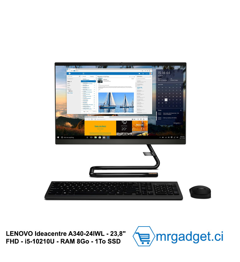 Lenovo IdeaCentre A340-24IWL Ordinateur Tout-en-Un 23,8" FHD - Intel Core i5-10210U, 8 Go RAM, 1 To SSD, Windows 10, Clavier et Souris Inclus