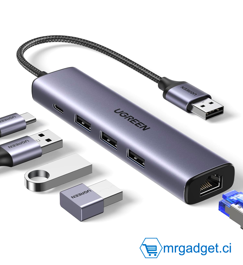 UGREEN CM475 60554 UGREEN Adaptateur USB 3.0 vers Ethernet, Hub multiport 5 en 1 avec port d'alimentation Gigabit RJ45 et Type-C, adaptateur réseau LAN compatible avec ordinateur portable PC MacBook Mac Mini Surface XPS Windows Linux MacOS #10109