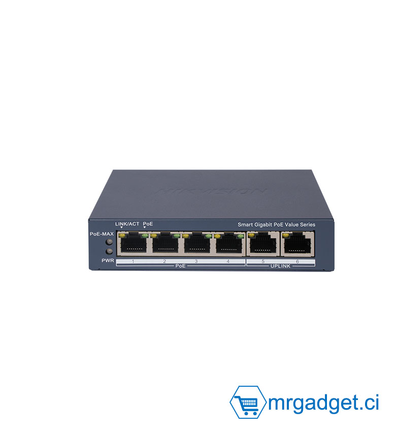 Hikvision DS-3E1506P-EI/M - Switch Smart Managed PoE Gigabit 6 Ports (4x PoE 45W + 2x Uplink) - PoE Longue Portée 300m - Intégration Hik-Partner Pro - Protection Surtension 6kV - Idéal Vidéosurveillance IP & Réseau Pro