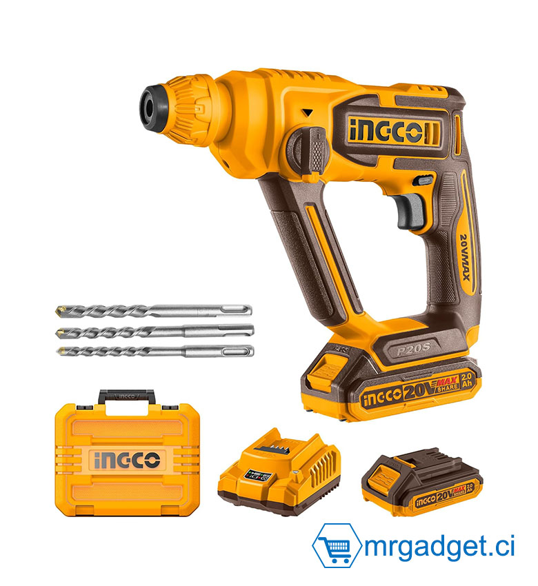 INGCO CRHLI201681 - Marteau Perforateur Sans Fil 20V - Emmanchement SDS Plus - Capacité Béton 16mm - Pack Prêt à l'Emploi avec 1 Batterie 2Ah, Chargeur et Boîte de Transport - Idéal Perçage Béton et Maçonnerie